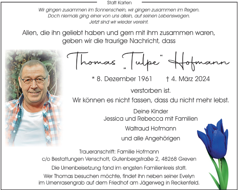  Traueranzeige für Thomas Hofmann vom 16.03.2024 aus 