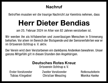 Anzeige von Dieter Bendias 