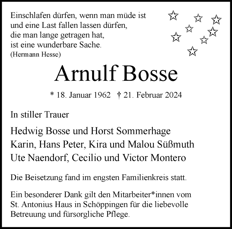  Traueranzeige für Arnulf Bosse vom 09.03.2024 aus 
