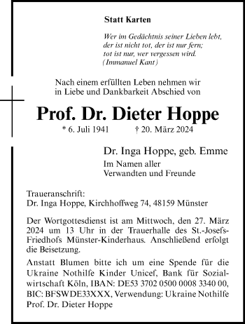 Anzeige von Prof. Dr. Dieter Hoppe 