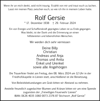 Anzeige von Rolf Gersie 