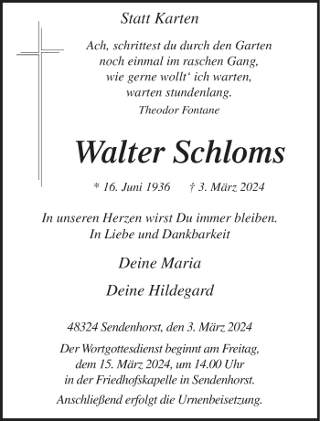 Anzeige von Walter Schloms 