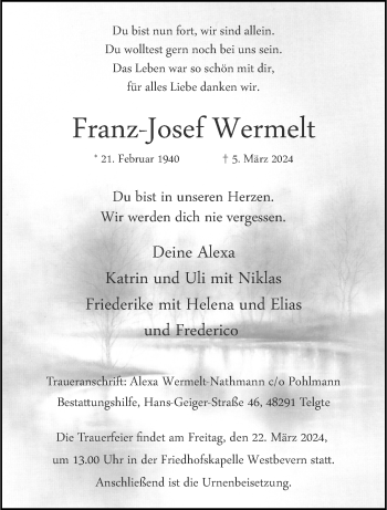 Anzeige von Franz-Josef Wermelt 