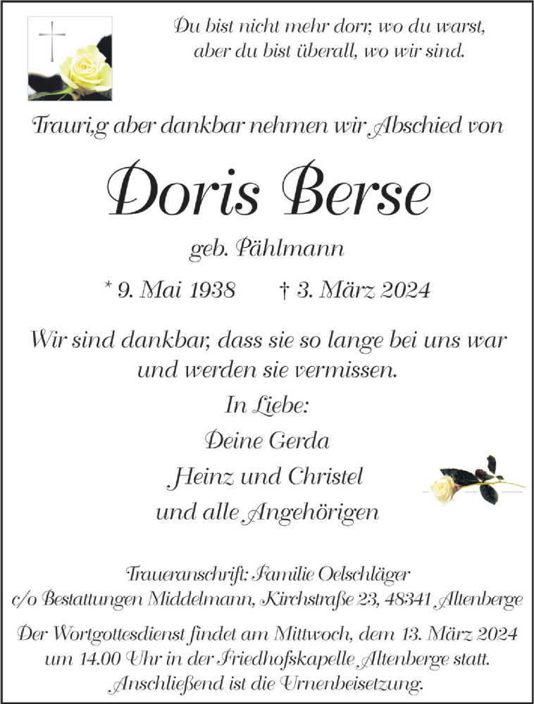  Traueranzeige für Doris Berse vom 09.03.2024 aus 
