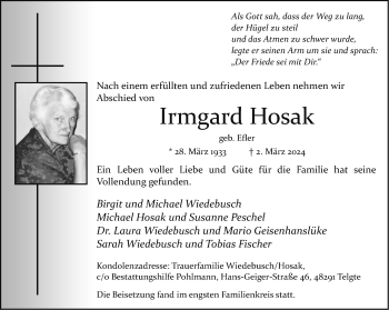 Anzeige von Irmgard Hosak 