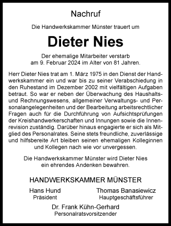 Anzeige von Dieter Nies 