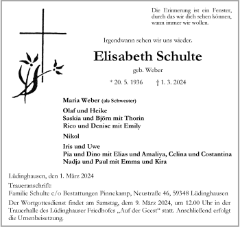 Anzeige von Elisabeth Schulte 