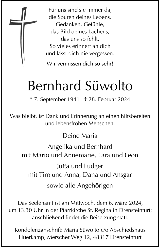  Traueranzeige für Bernhard Süwolto vom 02.03.2024 aus 