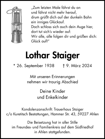 Anzeige von Lothar Staiger 