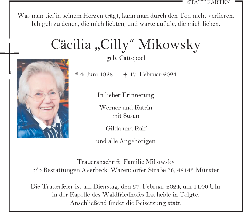  Traueranzeige für Cäcilia Mikowsky vom 24.02.2024 aus 