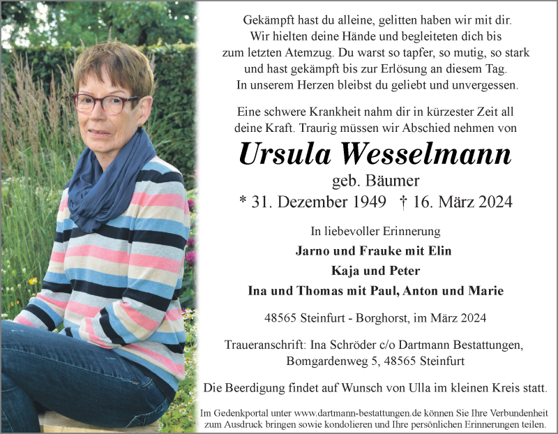  Traueranzeige für Ursula Wesselmann vom 20.03.2024 aus 