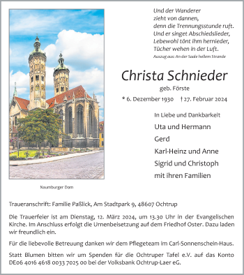 Anzeige von Christa Schnieder 