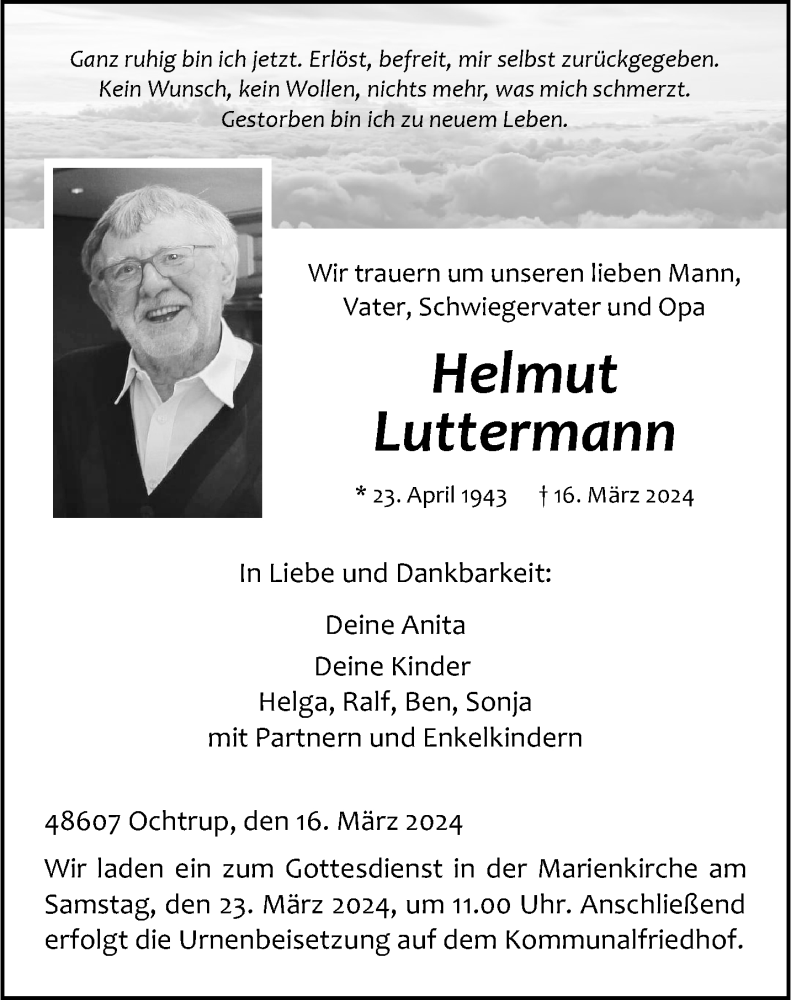  Traueranzeige für Helmut Luttermann vom 21.03.2024 aus 