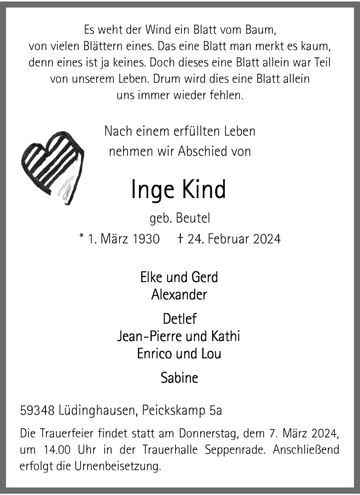  Traueranzeige für Inge Kind vom 02.03.2024 aus 