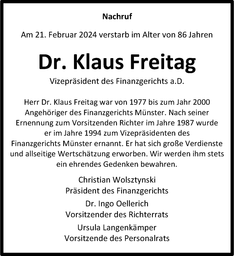  Traueranzeige für Dr. Klaus Freitag vom 16.03.2024 aus 