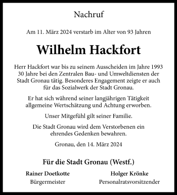 Anzeige von Wilhelm Hackfort 