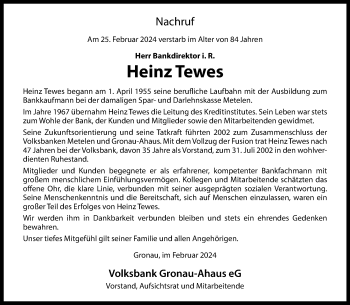 Anzeige von Heinz Tewes 