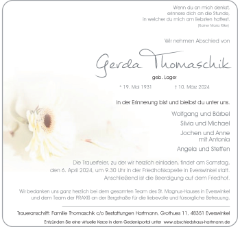 Anzeige von Gerda Thomaschik 