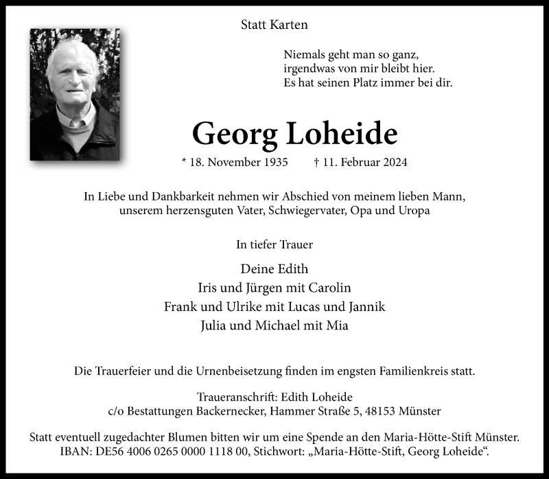 Traueranzeige für Georg Loheide vom 17.02.2024 aus 