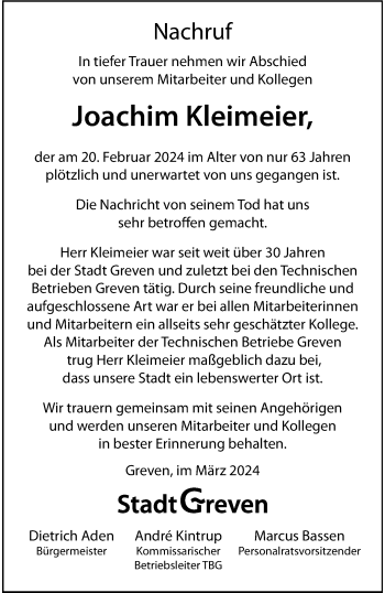 Anzeige von Joachim Kleimeier 