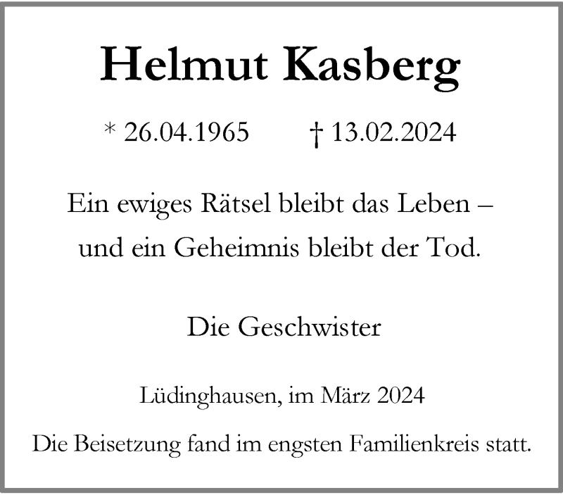  Traueranzeige für Helmut Kasberg vom 23.03.2024 aus 