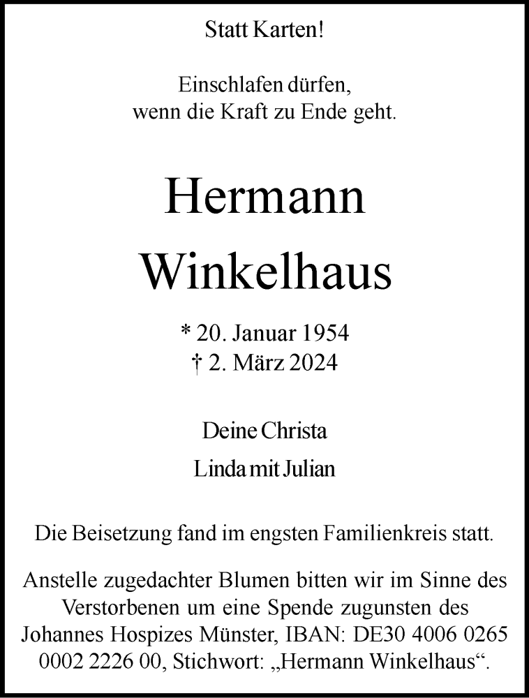  Traueranzeige für Hermann Winkelhaus vom 13.03.2024 aus 