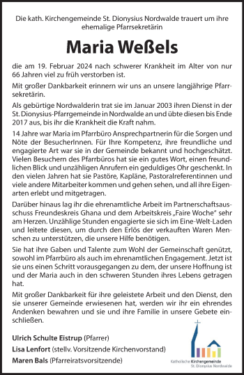 Anzeige von Maria Weßels 