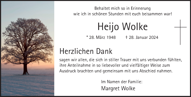  Traueranzeige für Heijo Wolke vom 09.03.2024 aus 