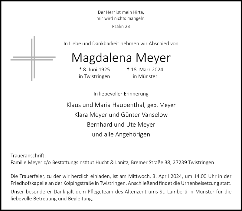  Traueranzeige für Magdalena Meyer vom 27.03.2024 aus 