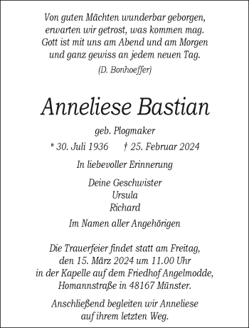 Anzeige von Anneliese Bastian 