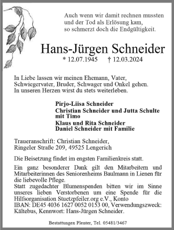 Anzeige von Hans-Jürgen Schneider 