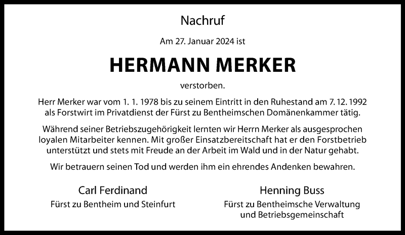  Traueranzeige für Hermann Merker vom 14.02.2024 aus 