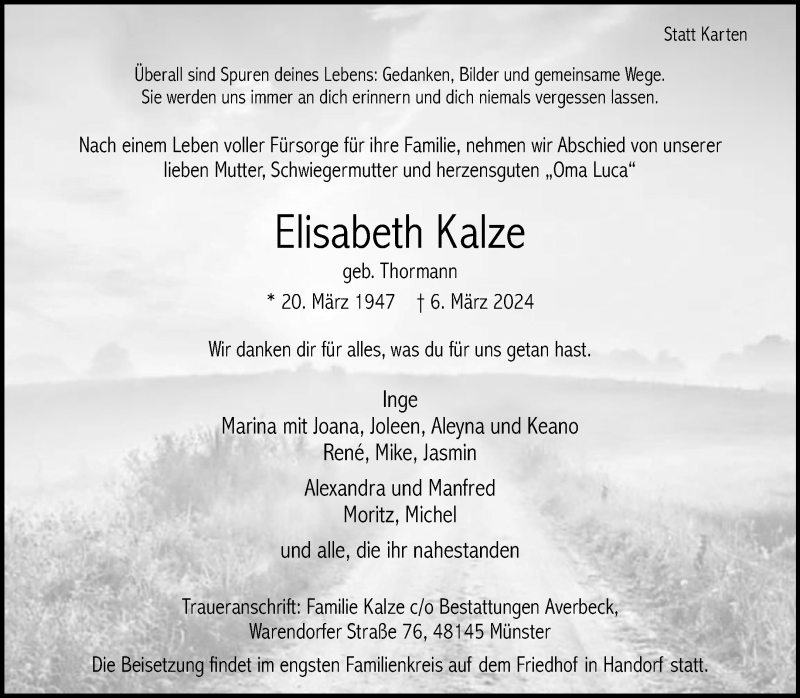  Traueranzeige für Elisabeth Kalze vom 09.03.2024 aus 