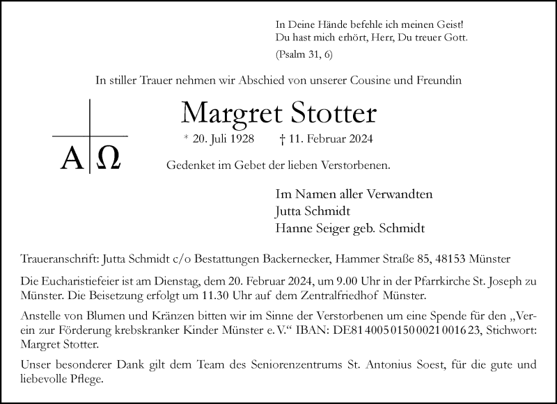  Traueranzeige für Margret Stotter vom 17.02.2024 aus 