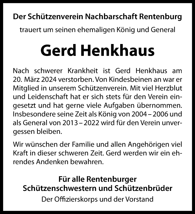  Traueranzeige für Gerd Henkhaus vom 26.03.2024 aus 