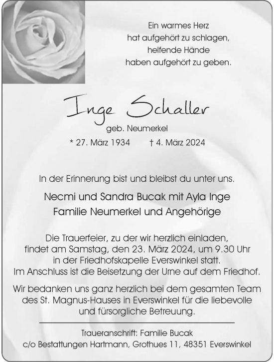Anzeige von Inge Schaller von Westfälische Nachrichten