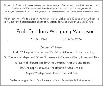Anzeige von Prof. Dr. Hans-Wolfgang Waldeyer 