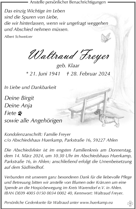 Anzeige von Waltraud Freyer 