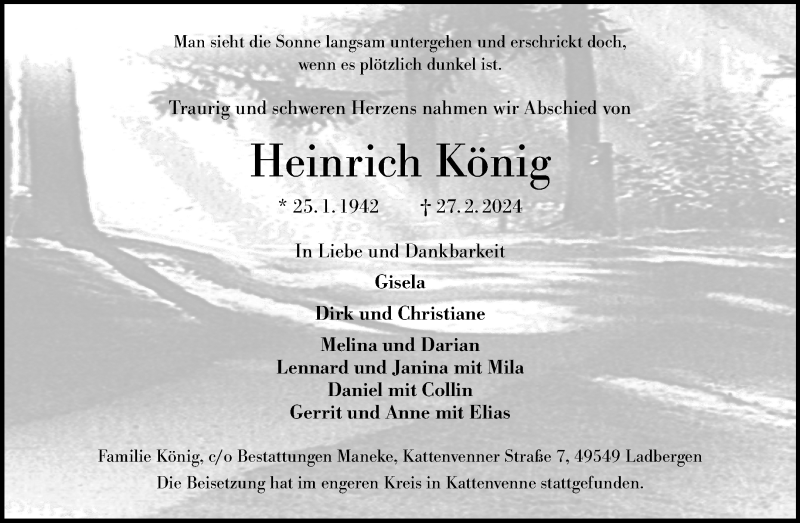  Traueranzeige für Heinrich König vom 07.03.2024 aus 