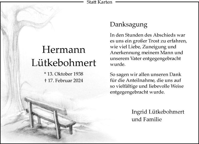  Traueranzeige für Hermann Lütkebohmert vom 29.03.2024 aus 