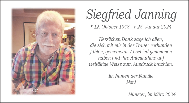  Traueranzeige für Siegfried Janning vom 09.03.2024 aus 