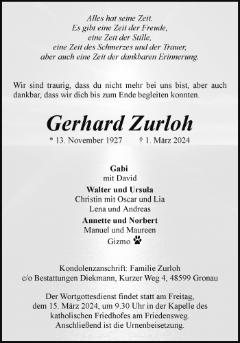 Anzeige von Gerhard Zurloh 