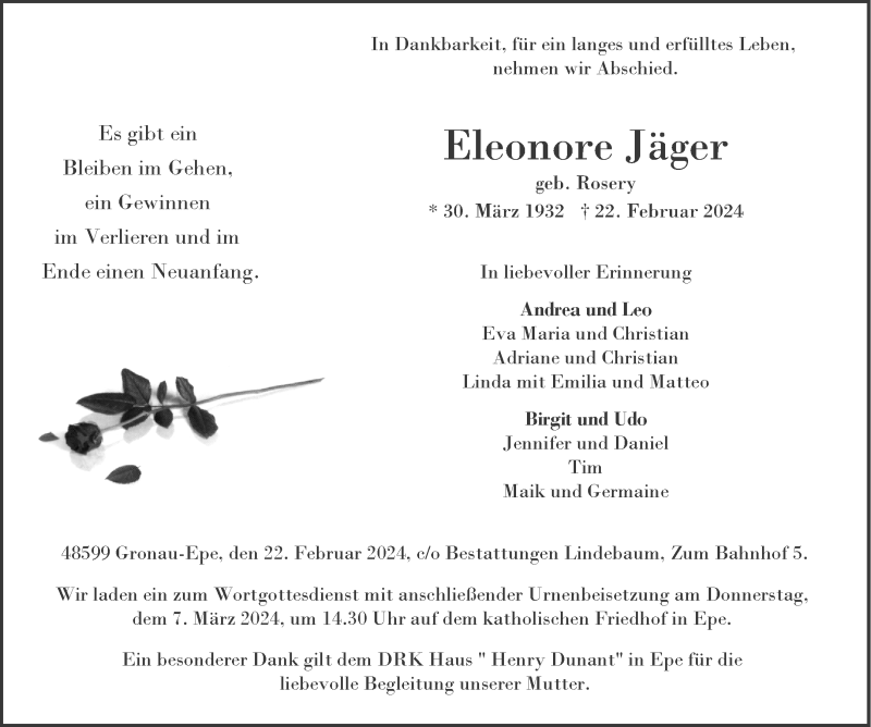  Traueranzeige für Eleonore Jäger vom 02.03.2024 aus 