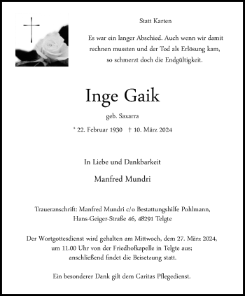 Anzeige von Inge Gaik 