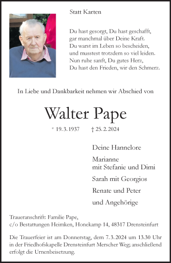Anzeige von Walter Pape 