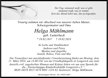 Anzeige von Helga Mählmann 