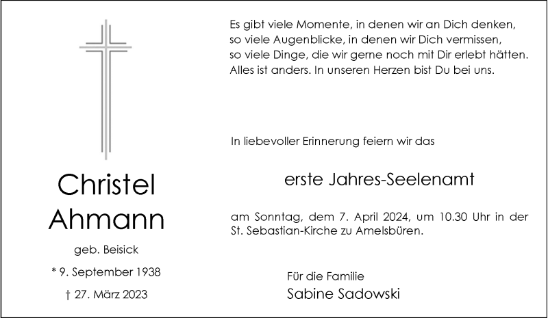  Traueranzeige für Christel Ahmann vom 27.03.2024 aus 
