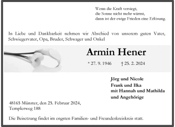 Anzeige von Armin Hener 