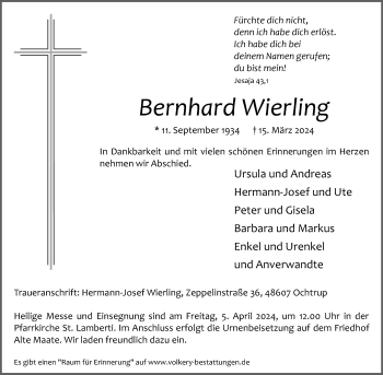 Anzeige von Bernhard Wierling 