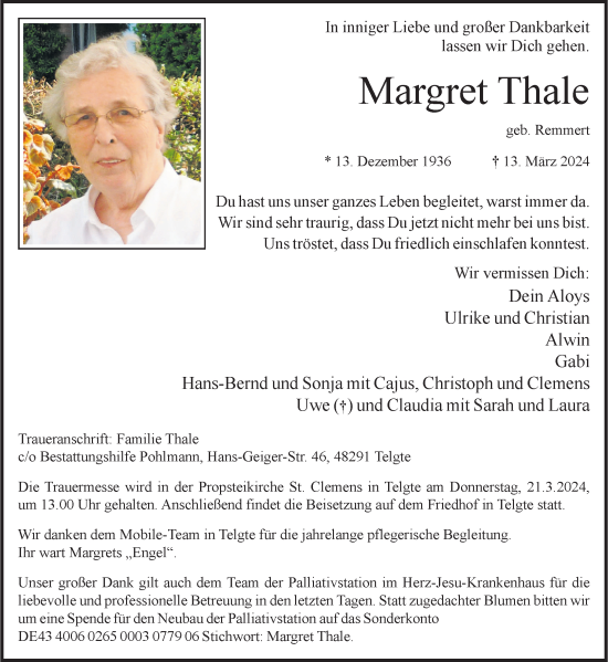 Anzeige von Margret Thale von Westfälische Nachrichten